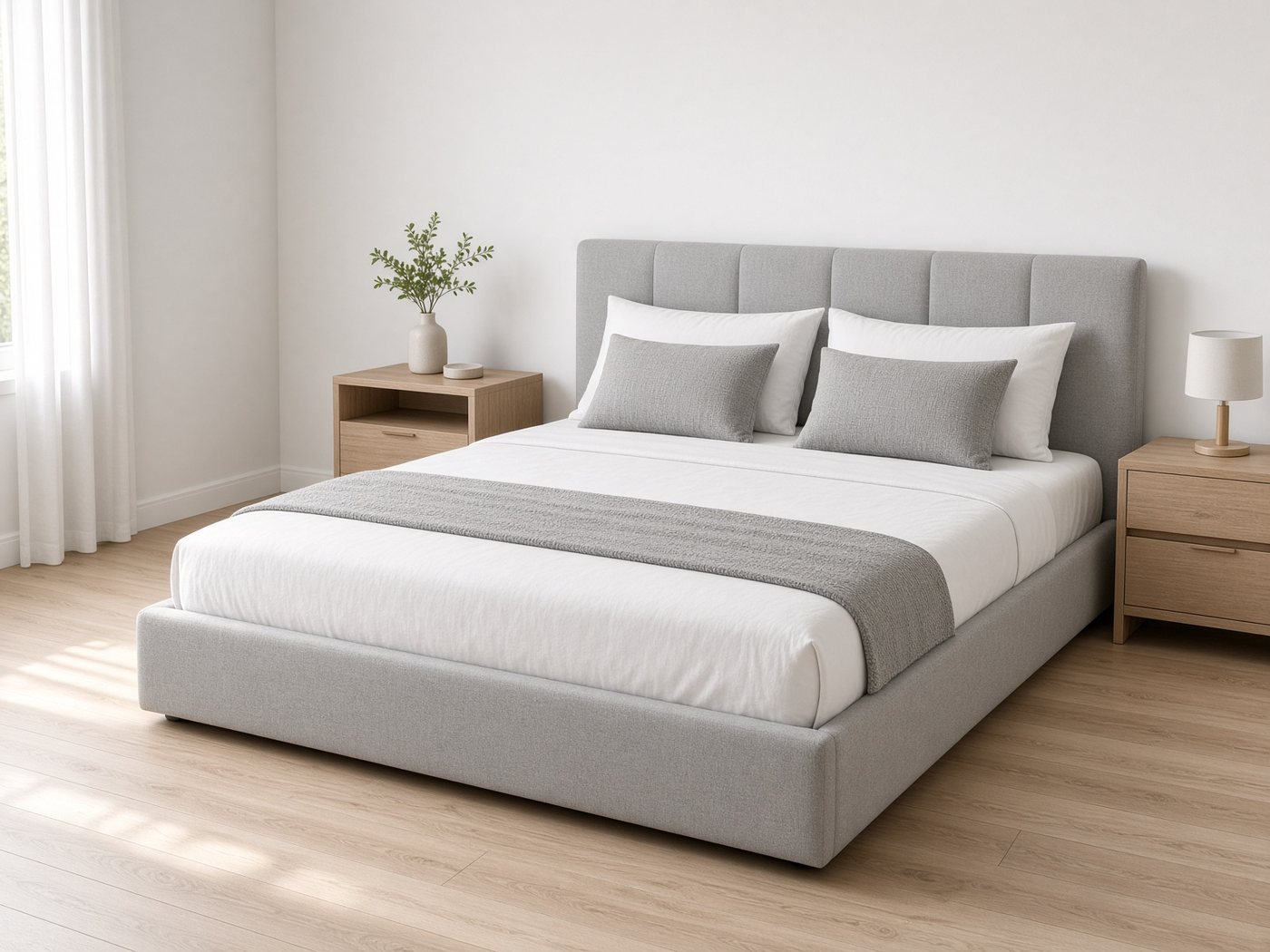 Cama box estofada com criados-mudos de madeira, recém-montada