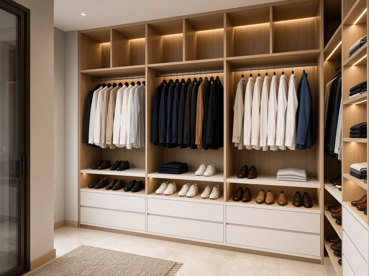 Closet planejado com prateleiras, cabideiro e gavetas