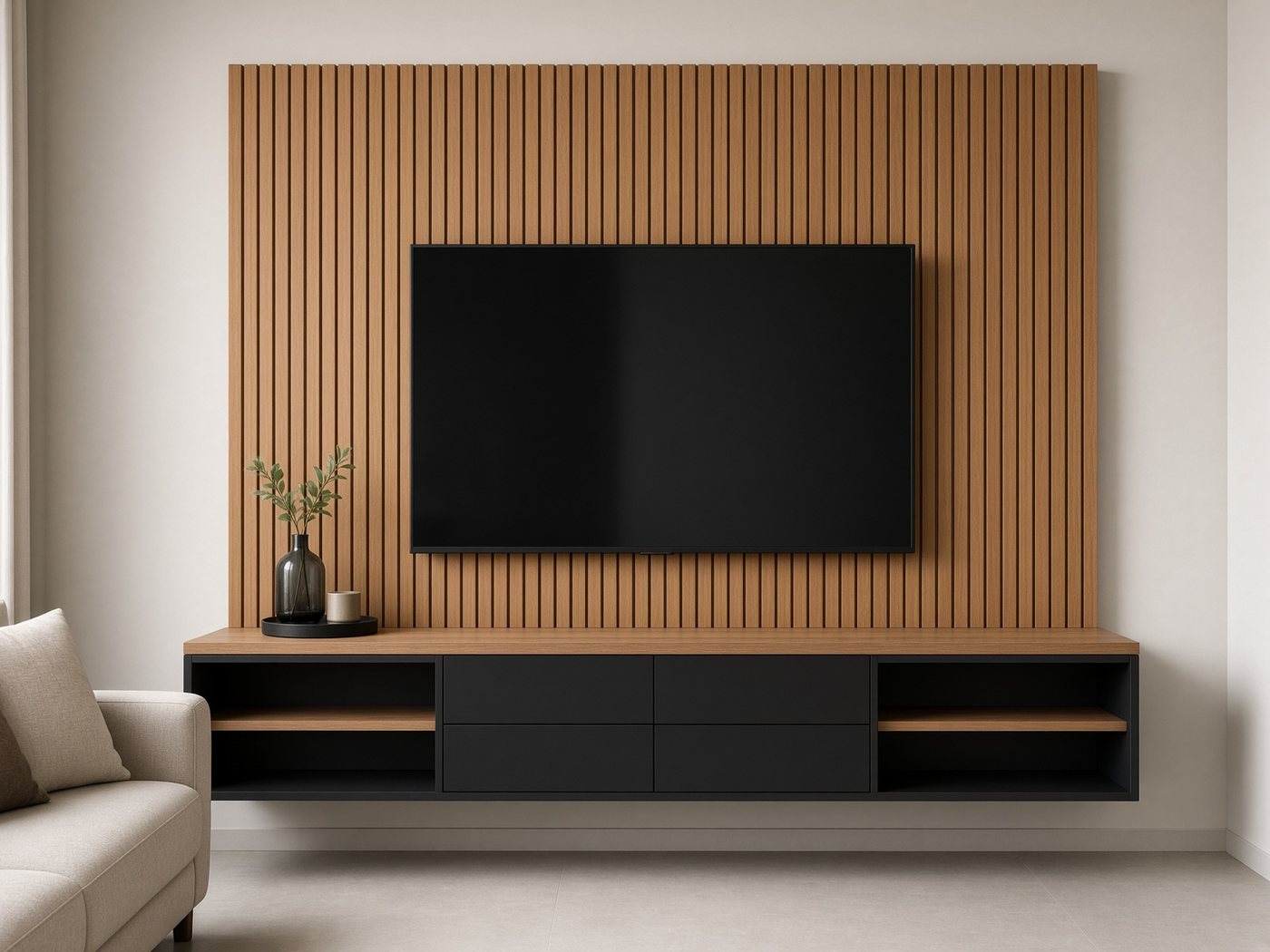 Rack e painel de TV de madeira com ripas, recém-montados na sala