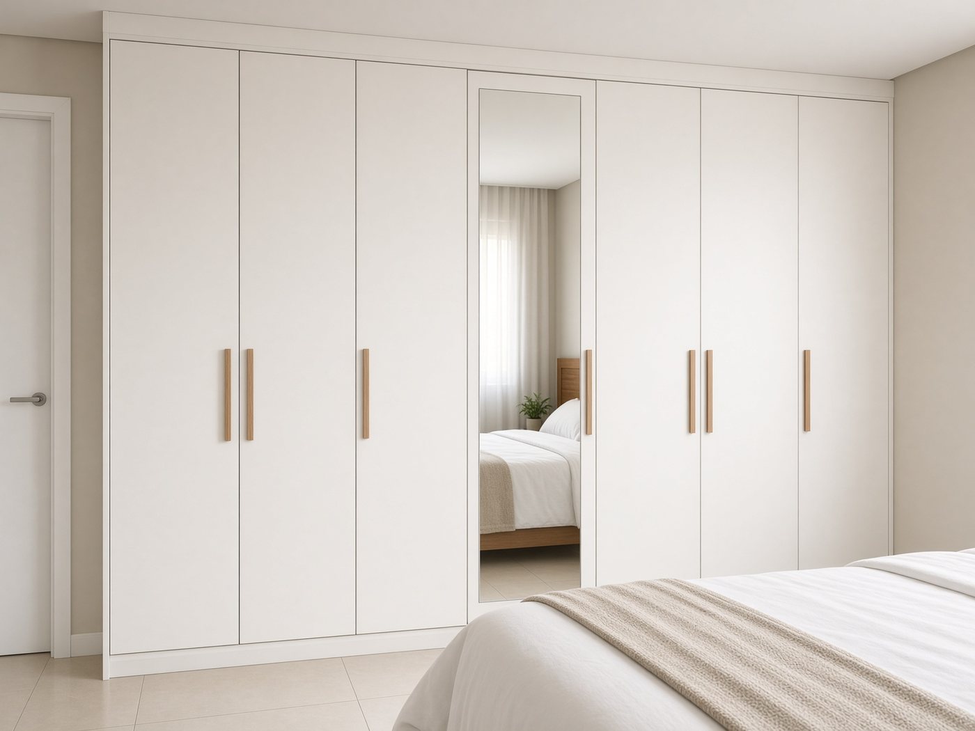 Guarda-roupa de portas com espelho central recém-montado