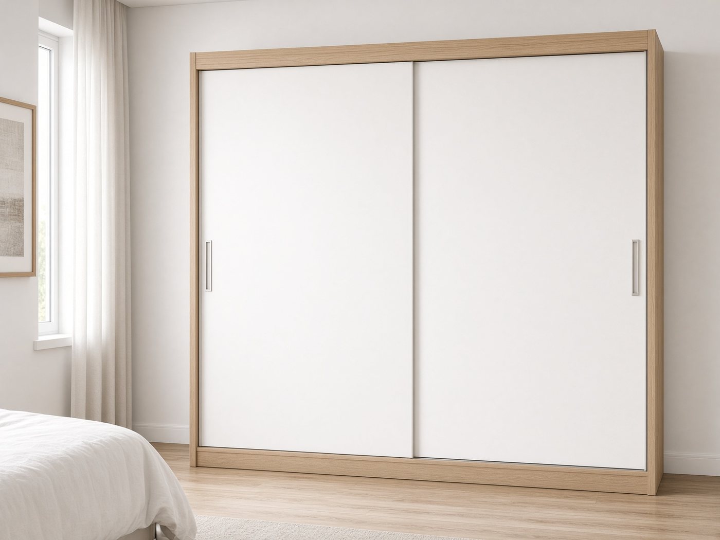 Guarda-roupa de portas de correr branco com moldura de madeira clara, recém-montado